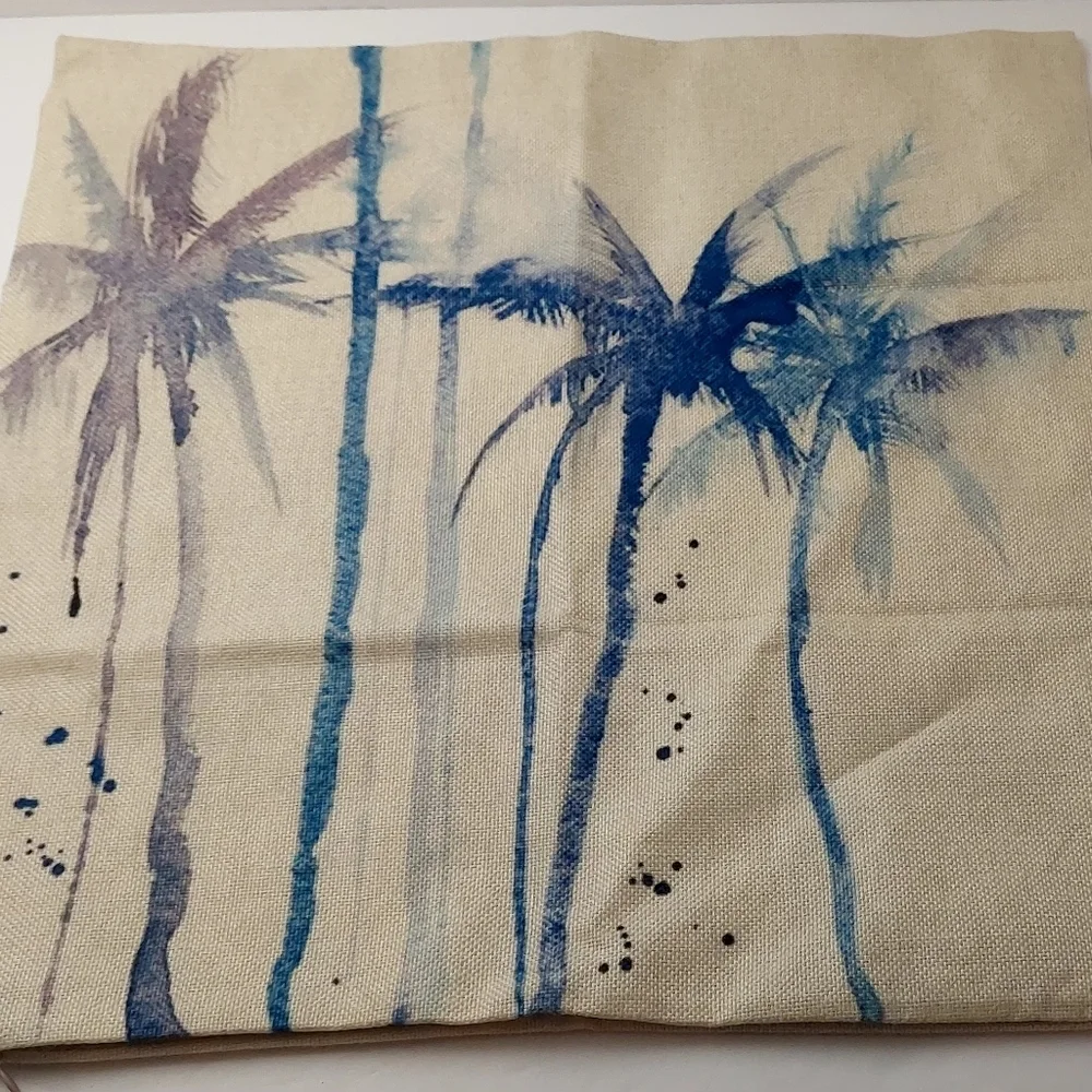 Throw Pillow Cover Accent Palm Trees Blue Purple Canvas Beige Decorative